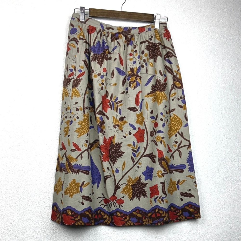 Jones New York Tan Floral Bird Midi Skirt - 8 - A-Line Pockets Cottagecore Boho